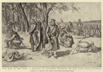 Krigen i øst, en bivuakk av japansk infanteri på Yalu, nær Oriokko